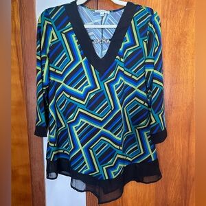 Notations V-Neck Tunic with Geometric Pattern - Black, Blue, Green